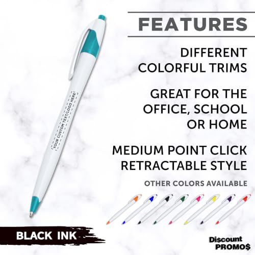 DISCOUNT PROMOS Personalized Ballpoint Pens, Bulk Packs of 4 to 5000 Pieces, Black Ink, Slim & Curvy Design, Retractable, Ideal for Office, Corporate Merchandise, Tradeshows - Teal - color: - Custom - Teal, size: Pack of 1 (Count options: 4–5,000)