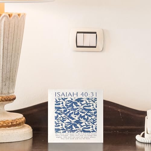 Christian Desk Home Decor, Blue Christian Pigeon Eagle Wooden Box Sign, Isaiah 40:31 Bible Verses Wood Signs for Home Office Desk Shelf Table Decor, 5x5 Inch - color: Isaiah 40:31