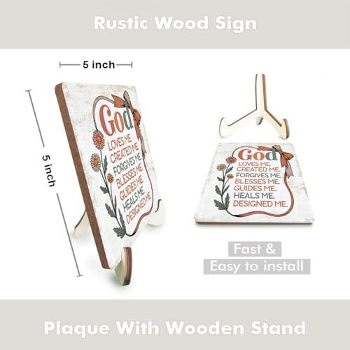 Christian Gifts Desk Decor Rustic Wood Sign, Boho Faith Religious Bible Verse Quotes Decorative Desk Accessories for Home Bathroom Decor Office Accessories Bohemian Floral Table Shelf Wooden Sign - color: GodLovesMe