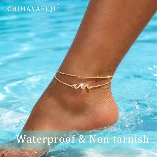 14K Gold/Sterling Silver Plated Ankle Bracelets for Women Waterproof Layered Stackable Sparkly Chain Birthstone Charm Non Tarnish Large Adjustable Birthday Jewelry Gift - color: Gold4