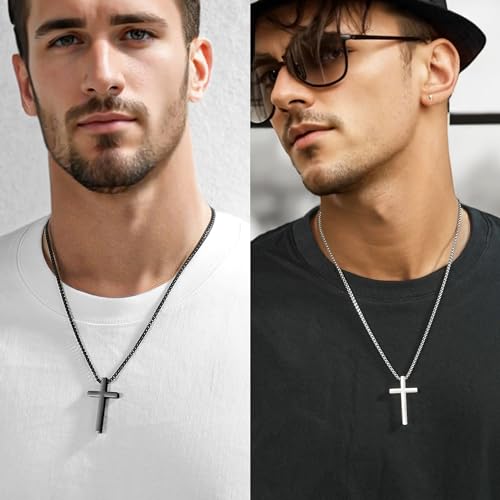2 PCS Cross Necklace for Men,Silver Black Cross Chain Stainless Steel Pendant Jewelry Gifts Box Crucifix Necklace 16-30 inches - size: 16 in, style: 2Pcs(silver+black) 1.7 "* 1.0'' pendant