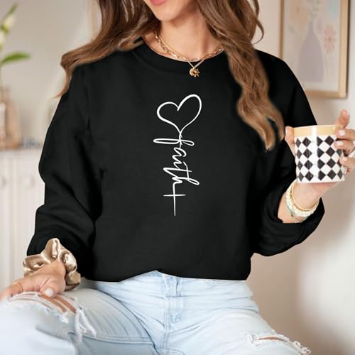 KIEKIECOO Faith Christian Sweatshirts for Women Religious Crewneck Sweatshirt Letter Print Fall Pullover Long Sleeve Tops - color: Black, size: Medium