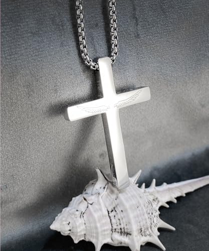 Cross Necklace Stainless Steel Necklace Religious Bible Verse Pendant Crucifix Necklace Faith Jewelry with 22' Chain - style: Joshaua 1:9 WINGS
