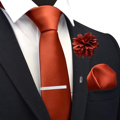 Branduce 3.15"(8cm) Mens Tie and Lapel Pin Solid Necktie Handkerchief Tie Clip Set for Men - color: Burnt Orange
