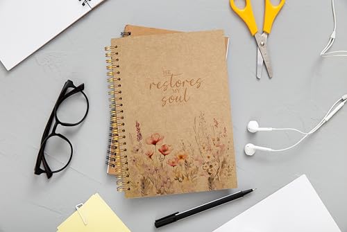 Christian Notebook for Women, Christian Gifts Journal, Prayer Journal for Women, Bible Journaling Notebook, PSALM 23:3 He Restores My Soul Floral Spiral Notebook 5.5x8.3 Kraft Paper - color: 10-Christian-notebook