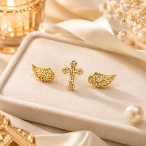 Angel Wing Stud Earrings for Women Crystal Cross Screw Back Wings Earrings Piercing Jewelry - color: 3pcs Gold