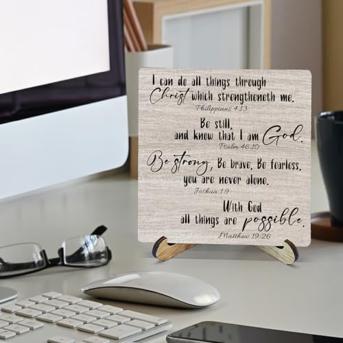 Christian Bible Verse Wooden Sign Desk Decor, Rustic Religious Scripture Wood Plaque Sign With Stand for Church Prayer Room Home Office Desk Table Shelf Decoration, 5x5 Inch - color: Rustic Scripture