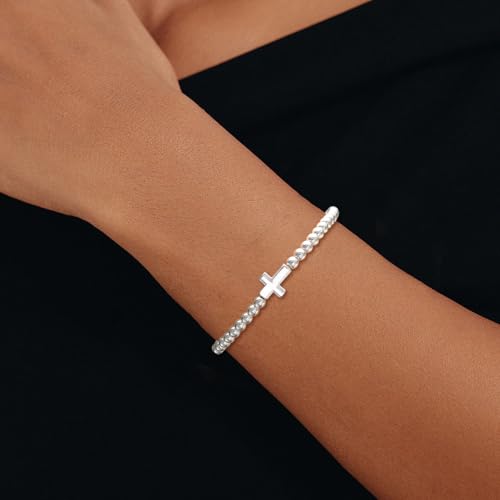 Beaded Bracelets for Women 14K Silver Gold Plated Stretch Handmade Ball Bracelets Cute Charm Bracelet Dainty Stackable Cross Heart Bow Wave CZ Circle Trendy Jewelry Easter Gifts - color: Silver-2