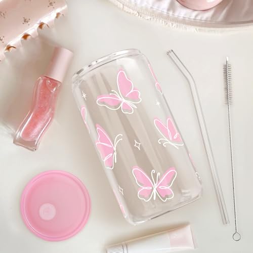 SANDJEST Butterfly 16 Oz Can Glass Tumbler with Acrylic Lid and Straw - Iced Coffee Cups for Women, Aesthetic Glass Cup Gift for Birthday Christmas - color: Butterfly 2