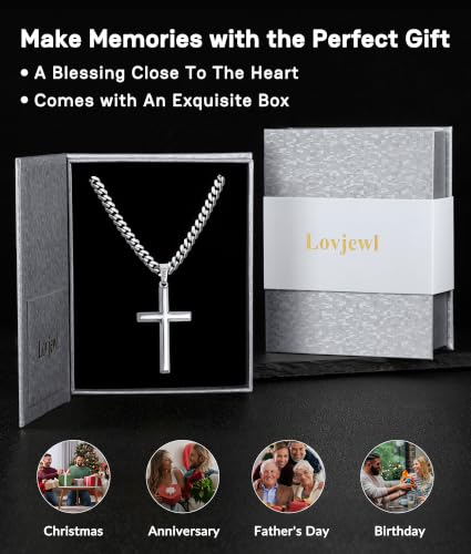 925 Sterling Silver Cross Necklace for Men, 18k Gold Plated Sterling Silver Cross Necklace with 5mm Durable Stainless Steel Cuban Link Chain for Men, 18 20 22 24 26 Inch - color: Silver Cross Pendant