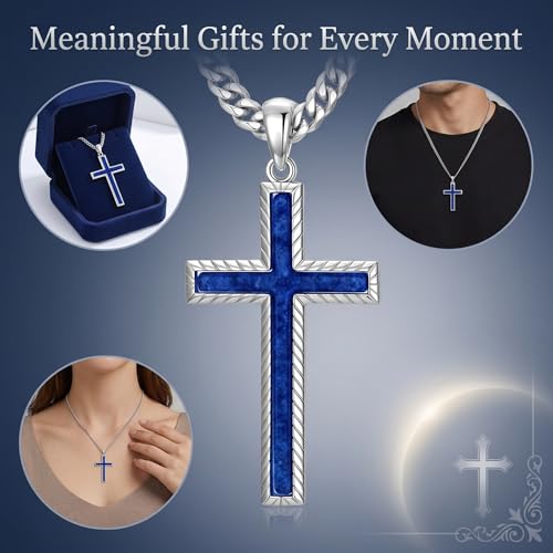 MRENITE Silver Natural Stone Cross Necklace, Classic Latin Cross Pendant Necklace for Unisex Women Man, Vintage Crystal Quartz Cross Necklace with 20+2 Inches Adjustable Cuban Chain - style: Lapis