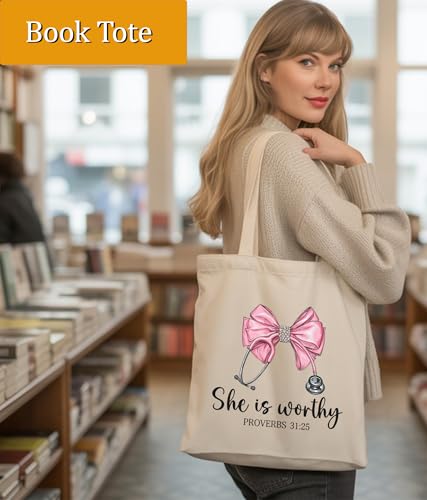 Aesthetic Christian Gifts Tote Bag for Church, Religious Tote Bag for Bible Study, Medium Size with Inner Pocket - color: Worthy