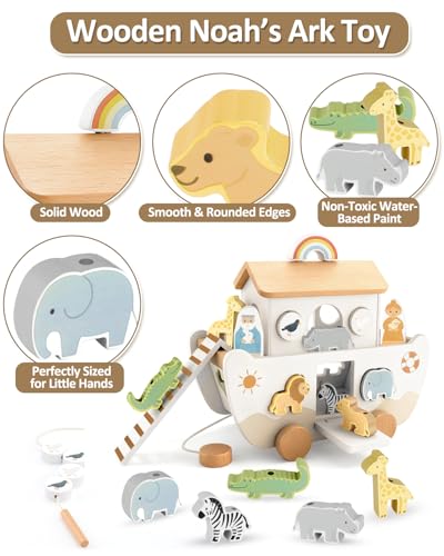 Wooden Noah's Ark Toy for Toddlers 1-3, Baptism Gift for Boys and Girls