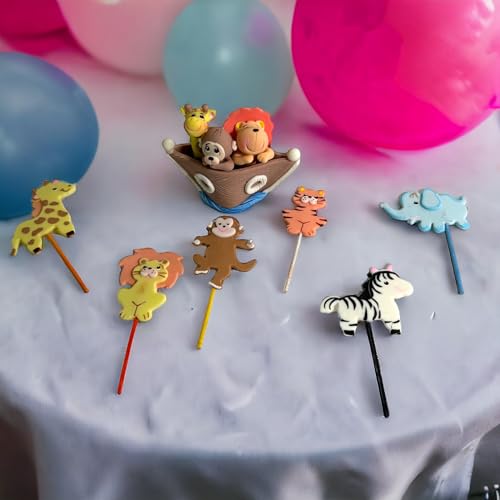 Noah's Ark Cake Toppers Set: Flat figurines cupcake topperes and Centerpiece for Party Decorations - Birthday Party Baby Shower - Animal theme party