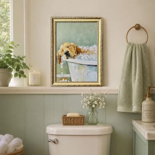 Vintage Gold Framed Funny Dog Bathroom Wall Art, Cute Golden Retriever Taking a Bubble Bath Canvas Print, Farmhouse Pet Wall Decor Painting Picture Poster for Restroom Guest Bath Home 12x16 Inch - color: A-Golden Retriever, size: 16.1"L x 12.2"W