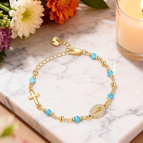Gold Rosary Bracelet for Women Virgin Mary Jesus Cross Charm Link Chain Golden Religious Rosarios Catolicos Virgen de Guadalupe Bracelets Religious Jewelry Gift for Confirmation Baptism First Communion Gift - color: Green