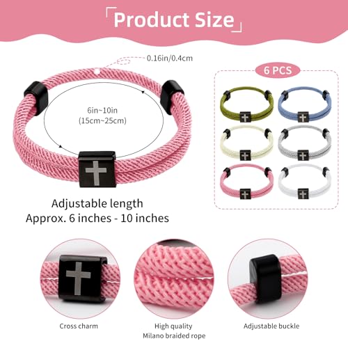 PineHaven 6 Pcs Braided Cross Bracelet for Men Women, Adjustable Christian Rope Cross Bracelet with Metal Knot Religious Gifts - color: Macaron colors