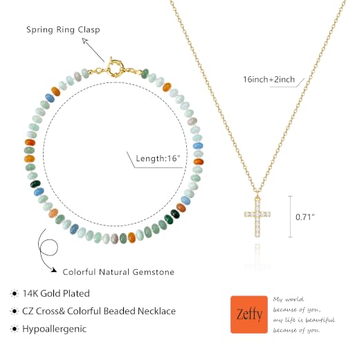 Zeffy Cross Necklace for Women,18K Gold/Silver Plated Tiny Cubic Zirconia Cross Pendant Necklace for Women Simple Layered Cross Necklaces for Women - color: CZ Cross&Green Gemstone