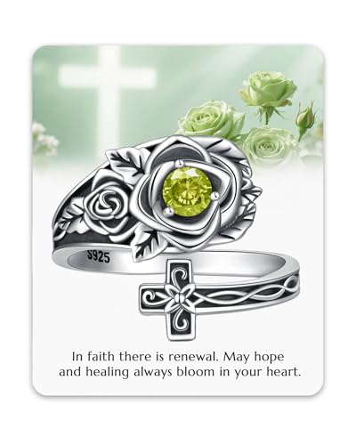925 Sterling Silver Adjustable Spoon Ring Thumb Ring for Women Vintage Rose Cross Birthstone Victorian Jewelry Gift for Birthday Christmas Anniversary - color: 08-August-Peridot