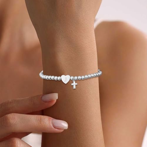 Initial Cross Bracelet for Women Heart Beaded Bracelets for Women Girl Gift - color: Silver-J