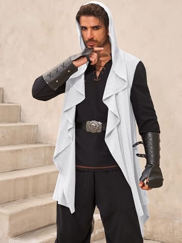 Runcati Mens Hooded Cardigan Sleeveless Ruffle Shawl Collar Drape Robe - color: White, size: Large