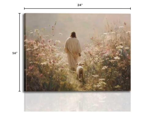 Framed Jesus Wall Art Jesus and the Lamb Walking Among Flowers Christian Poster Print Religious Art Canvas Painting for Living Room, Church, Prayer Room, Bedroom, etc., 16x24 in - color: Jesus Wildflower Sheep3, size: 16x24 Inches