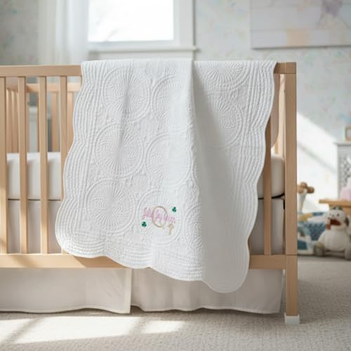 Personalized Baby Blanket – Custom Name, Monogram & Birth Stats, Soft Cotton Heirloom Quilt Keepsake, Unique Baby Gift for Boys & Girls (Irish Baptism Shamrock Design) - color: Irish Baptism Shamrock Design