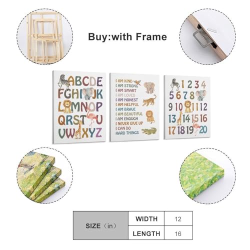 BAEMEFLE Positive Affirmations Framed Wall Art, Alphabet ABC Numbers Poster, Inspirational Quotes Print for Kids Nursery Classroom Playroom Cute Animal Wall Decor (Animal-3pcs, 16" L x 12" W, Framed) - color: Animal-3pcs, size: 16"L x 12"W