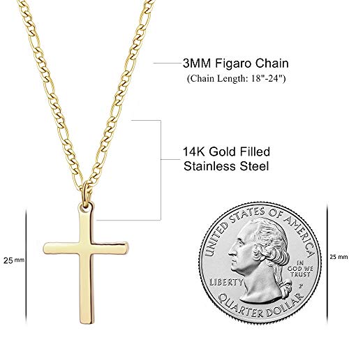 Joxevyia 14K Gold Filled Cross Necklace for Men Figaro Chain Stainless Steel Polished Cross Pendant Necklace Simple Baptism Faith Jewelry Gift - size: 16 inches, style: small cross (1.0"*0.6")