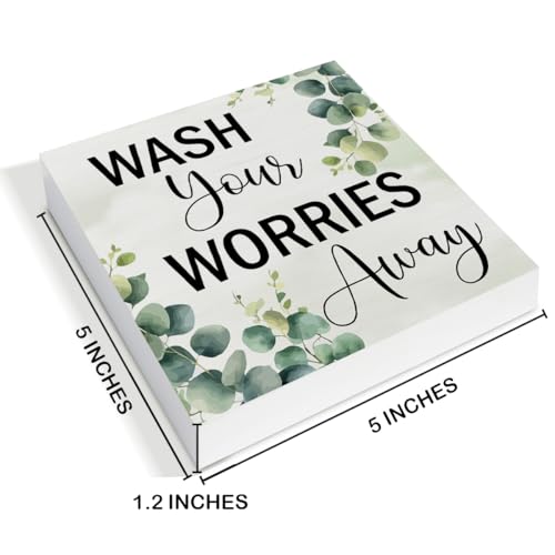 Eucalyptus Bathroom Decor - Rustic Wash Your Worries Away Wood Sign Home Bathroom Toilet Shower Room Restroom Desk Shelf Table Wall Tabletop Decorations 5×5 Inches - color: Eucalyptus Bathroom
