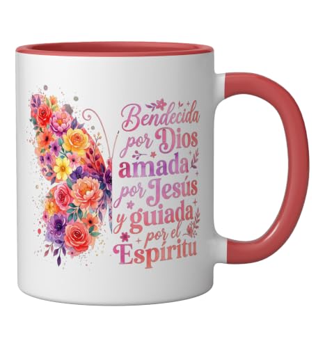 Bendecida Por Dios Amada Por Jesus Christian Spanish Floral Ceramic Mug, Red/White - color: Red/White, size: 11 Ounces