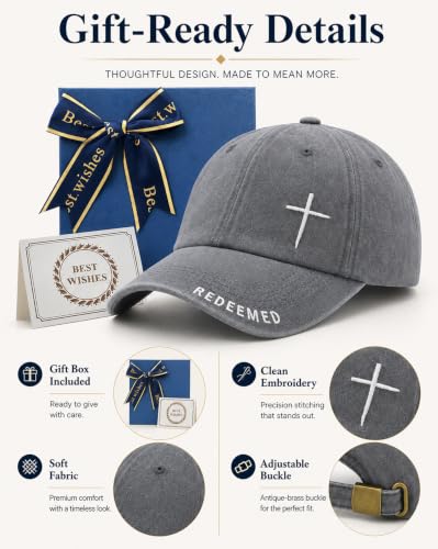 Cross Jesus Hat with Gifts Box, Embroidered Religious Baseball Cap, Christian Gifts for Men Women - color: Gray