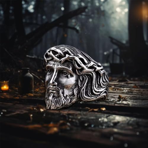 Vintage Silver Jesus Head Signet Stainless Steel Ring For Women Men Religious Amulet Baptism Band Antique Thumb Knuckle Ring Hip Hop Biker Baptism Christian Catholic Costume Jewelry Gifts Accessories