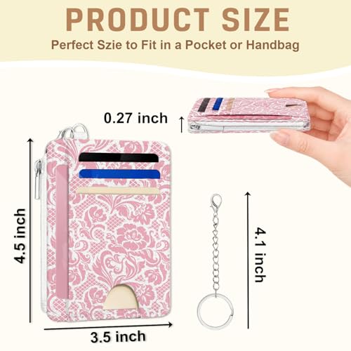 Pink Floral Credit Card Holder Wallet for Women, Thin Front Pocket Card Holder Case with ID Window, Slim RFID Blocking Small Wallet with Keychain Zipper Coin Pocket,Pink Floral Travel Ladies Gifts - color: Flower