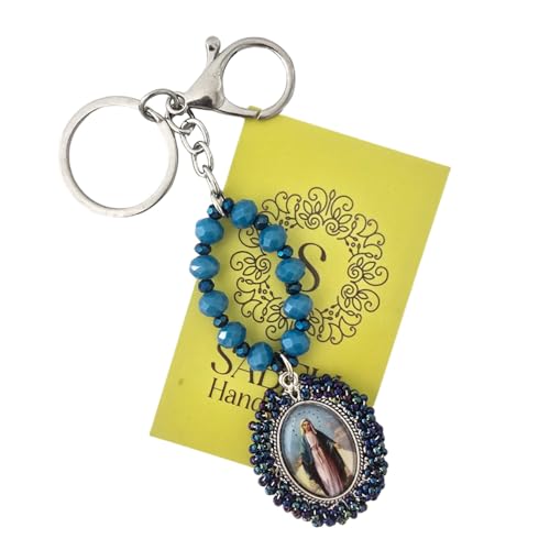 Sabeli Handmade Keychain Clip Holder - Catholic Rosary Bead Prayer - Religious Gifts Men Women - Llavero Catolico Regalo - color: Virgin Mary Dark Blue