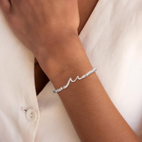 Beaded Bracelets for Women 14K Silver Gold Plated Stretch Handmade Ball Bracelets Cute Charm Bracelet Dainty Stackable Cross Heart Bow Wave CZ Circle Trendy Jewelry Easter Gifts - color: Silver-7