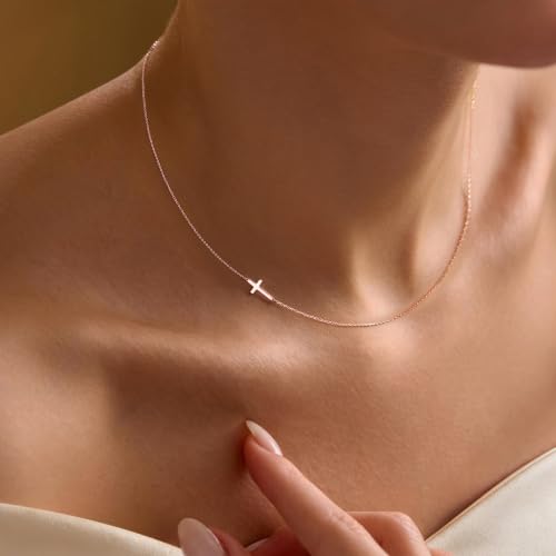 Sideway Dainty Cross Necklace for Women Girls, 14K Gold Plated Waterproof Small Cross Choker Necklace Simple Minimalist Pendant, Trendy Cute Religious Faith Baptism Confirmation Gifts for Girls Jewelry - color: Rose Gold-Sideway Cross-01