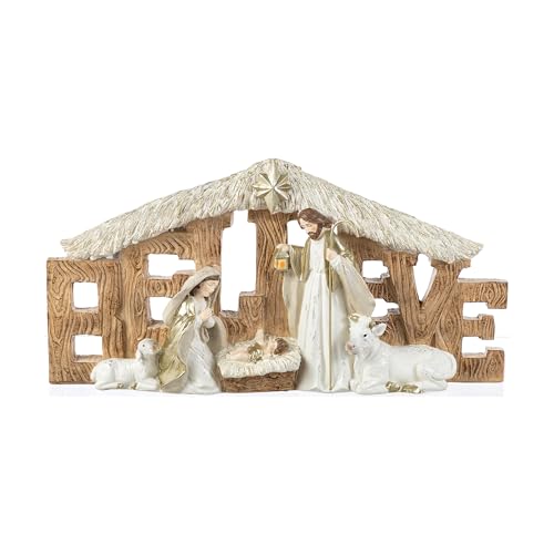Glitzhome Holy Family Nativity Scene Set Indoor 8" H, Gold Ivory Believe Manger Nativity Set for Christmas Decorations, Christian Religious Nativity Sets & Figures Xmas Home Mantel Fireplace - color: Ivory/Gold-2