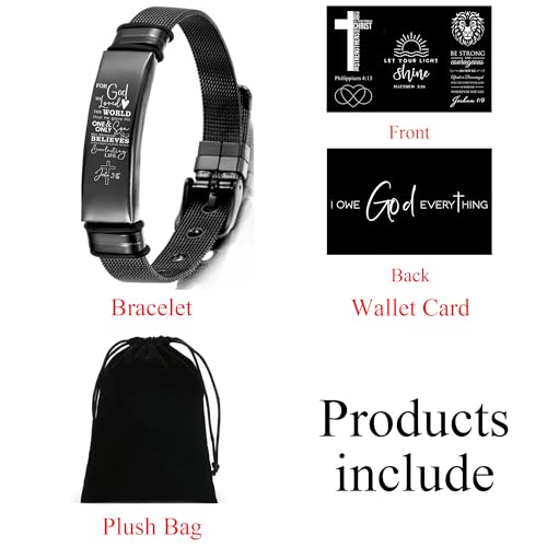 Personalized Cross Bible Verse Bracelets Inspirational Christian Wristbands Catholic Religious Jewelry Gifts for Him/Men Son/Dad/Boyfriend/Husband Adjustable Stainless Steel Bracelet - color: BLACK JONH 3:16