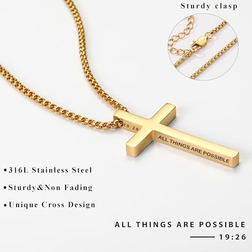 Avotto 316L Stainless Steel Bible Verse Cross Necklace Religious Jewelry Gifts for Men Boys, Silver Gold Black Mens Boys Necklace Non-Fading Sturdy Box Chain with Inspirational Cross Pendant 18+2Inch - color: Gold, style: 19:26