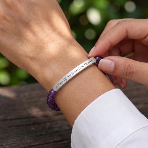 Amethyst Christian Bracelet for Women, 18K Gold Plated Bible Verse Jewelry, Inspirational Religious Faith Gift, Scripture Jewelry for Encouragement & Strength - color: A piece of my heart is in heaven-Amethyst Silver