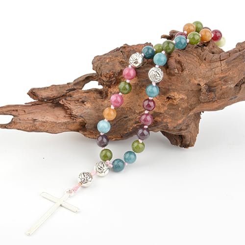 KIKILA Handmade 8mm Anglican Prayer Beads Rosary Natural Stone Beads with Cross Custom Rosary - style: Colorful Tourmaline