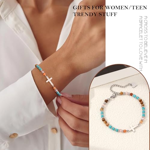 Cross Bracelet for Women, Christian Gifts for Women 2026 Stocking Stuffers for Teens Her Bead Bracelet Adjustable Gemstone Faith Religious Confirmation Communion Bracelet for Best Friend Mom Faith Birthday Anniversary Jewelry - color: Turquoise- Best Frie
