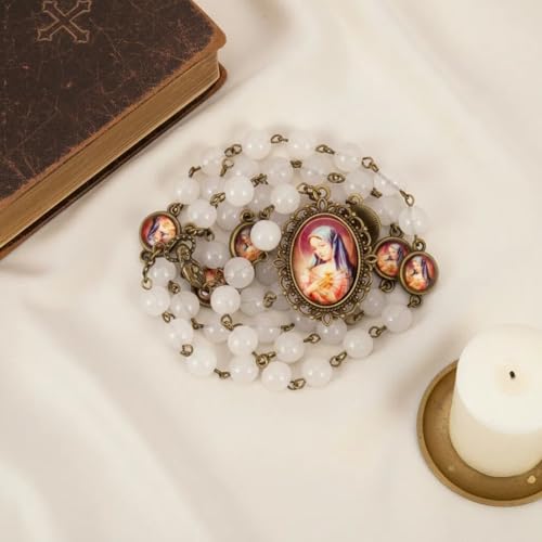 Nazareth Store Our Lady of Sorrows Stone Beads Rosary Solid Beaded Chaplet Necklace with Epoxy 7 Seven Sorrows Medallion - color: Clear Agate
