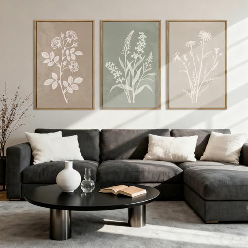 Anyzal Large Framed Boho Botanical Wall Art 16x24 Inch Neutral Plant Canvas Wall Decor Minimalist Floral Farmhouse Painting for Living Room Bedroom Dining Room Set of 3 - color: Neutral Plant, size: 24"L x 16"W