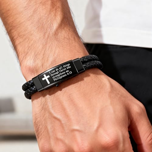 Mens Bracelet Christian Braided Leather - color: A+black