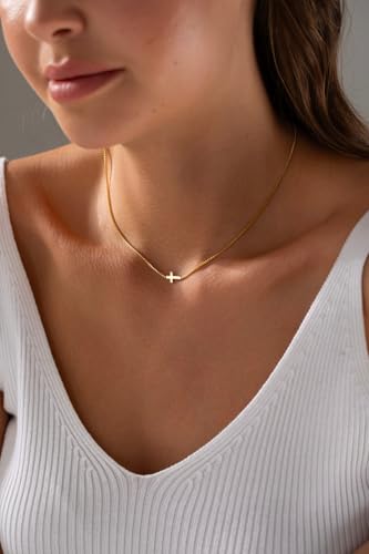 NIXMAX Small Cross Necklace for Women, 14K Gold Silver Plated Pendant - color: Gold-Sideways Cross