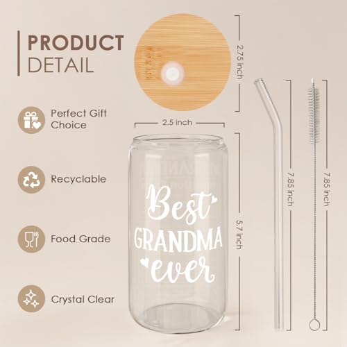 SANDJEST Grandma 16 Oz Can Glass Tumbler with Bamboo Lid and Straw - Iced Coffee Cups for Women, Aesthetic Glass Cup Gift for Grandmother Nana Birthday Christmas Mother's Day - color: Grandma