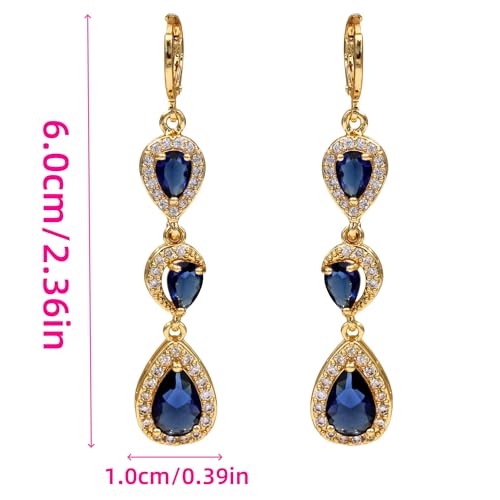 18K Gold Plated, Dangle Earrings for Women, Flower/Heart Drop earrings, Hypoallergenic Cubic Zirconia Earrings, Lightweight, Party, gold earrings, Jewelry for Gifts, Fashion - style: 0354-Navy