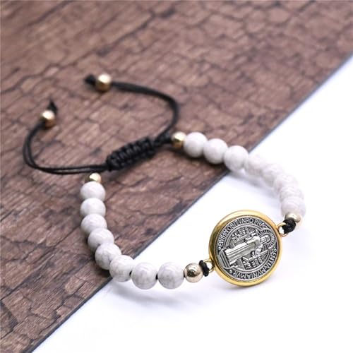 St Benedict Bracelet Catholic Bracelet Adjustable String Medal Religious Bracelets for Men Women Beige
